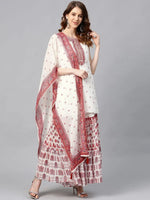 Juniper Maroon Georgette Printed Straight Kurta Sharara Dupatta Set