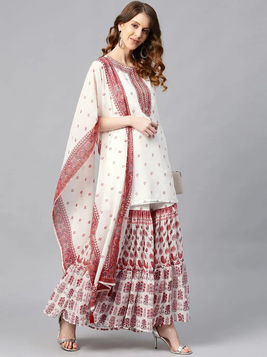 Juniper Maroon Georgette Printed Straight Kurta Sharara Dupatta Set