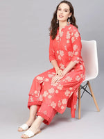 Juniper Coral Rayon Printed A-Line Kurta Palazzo Set