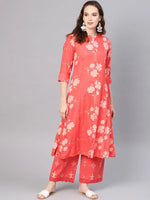 Juniper Coral Rayon Printed A-Line Kurta Palazzo Set