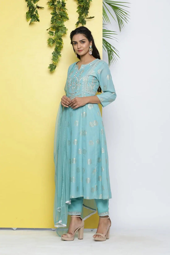 Juniper Mint Poly Muslin Printed A-Line Kurta Pant Dupatta Set