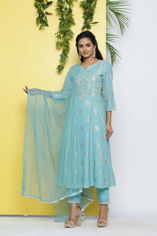 Juniper Mint Poly Muslin Printed A-Line Kurta Pant Dupatta Set