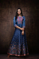 Juniper Teal Dull Satin Printed Kalidar Lehenga Choli Set