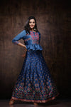 Juniper Teal Dull Satin Printed Kalidar Lehenga Choli Set