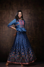 Juniper Teal Dull Satin Printed Kalidar Lehenga Choli Set