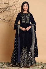 Juniper Navy Velvet Emboss Print Lehenga Choli Dupatta Set