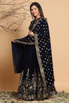 Juniper Navy Velvet Emboss Print Lehenga Choli Dupatta Set