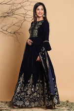 Juniper Navy Velvet Emboss Print Lehenga Choli Dupatta Set