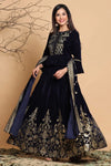 Juniper Navy Velvet Emboss Print Lehenga Choli Dupatta Set