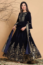 Juniper Navy Velvet Emboss Print Lehenga Choli Dupatta Set