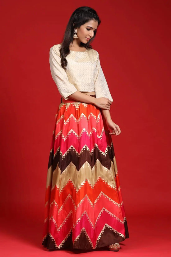 Juniper Coral Silk Printed Lehenga With Silk Lurex Choli