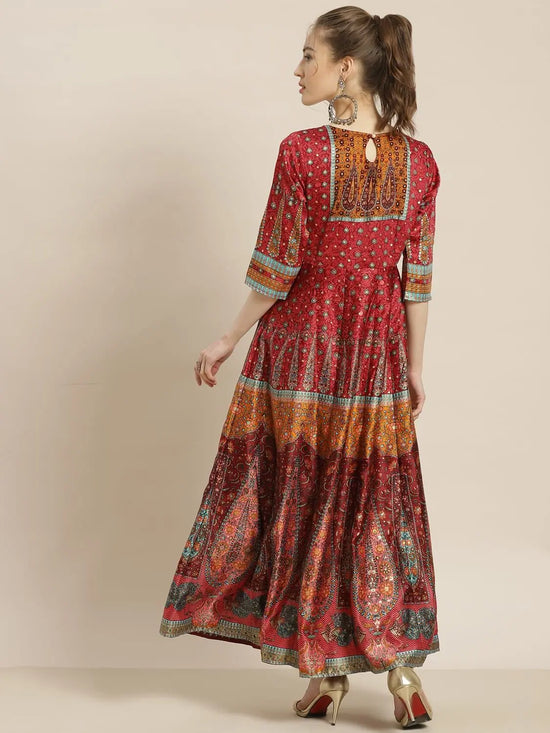 Juniper Maroon Dull Satin Printed Anarkali Dress