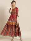 Juniper Maroon Dull Satin Printed Anarkali Dress