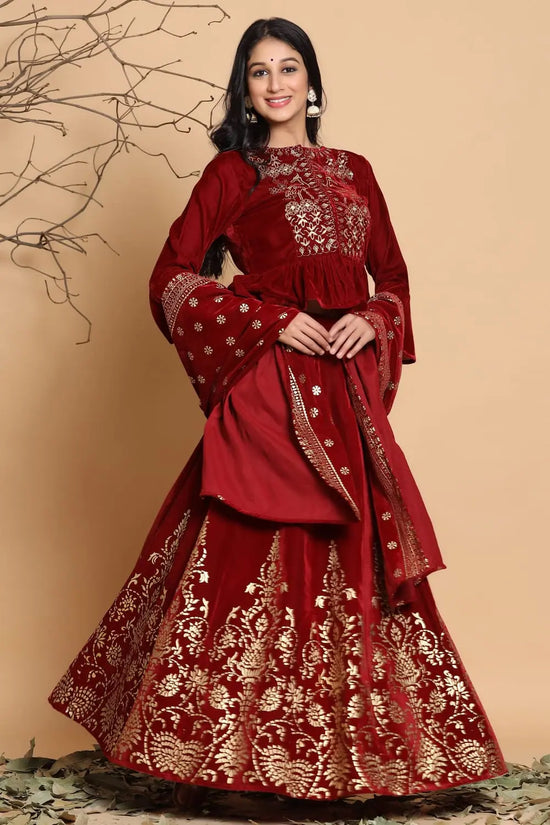 Juniper Maroon Velvet Emboss Print Lehenga Choli Dupatta Set