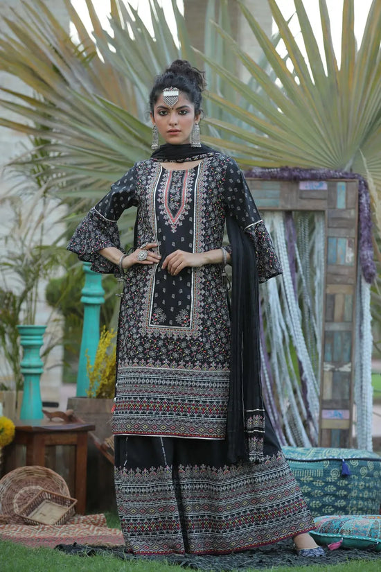 Juniper Black Cambric Floral Print High-Low Kurta Palazzo & Dupatta Set With Mask