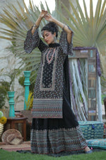 Juniper Black Cambric Floral Print High-Low Kurta Palazzo & Dupatta Set With Mask