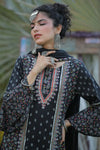 Juniper Black Cambric Floral Print High-Low Kurta Palazzo & Dupatta Set With Mask