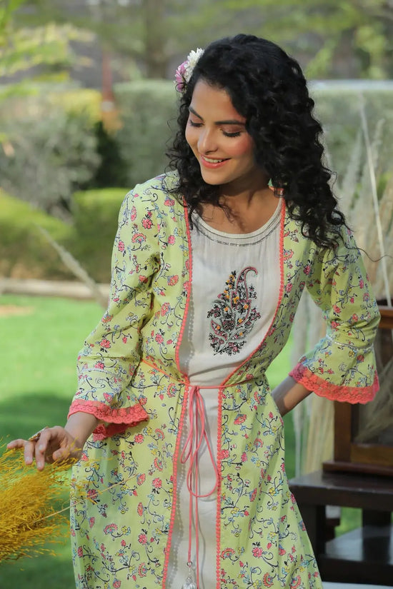 Juniper Limegreen Cambric & Rayon Printed Jacket Style Kurta Pant Set