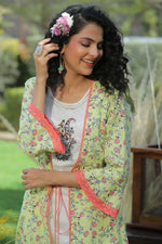 Juniper Limegreen Cambric & Rayon Printed Jacket Style Kurta Pant Set