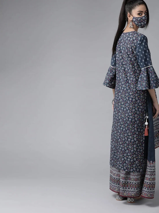 Juniper Indigo Cambric Floral Print High-Low Kurta Palazzo Set With Mask