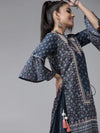 Juniper Indigo Cambric Floral Print High-Low Kurta Palazzo Set With Mask