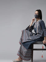 Juniper Indigo Cambric Floral Print High-Low Kurta Palazzo Set With Mask