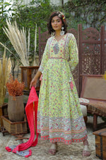 Juniper Limegreen Cambric Floral Print Anarkali Dress & Dupatta Set with Rubber-Band