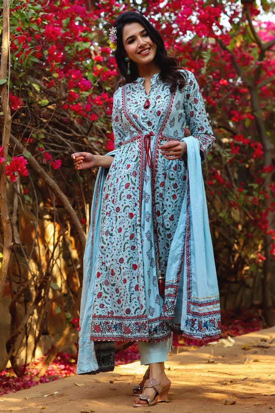 Juniper Blue Cambric Printed A-line Kurta Pant Dupatta Set with Mask