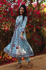 Juniper Blue Cambric Printed A-line Kurta Pant Dupatta Set with Mask