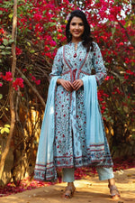 Juniper Blue Cambric Printed A-line Kurta Pant Dupatta Set with Mask