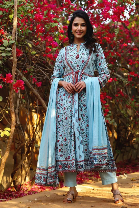 Juniper Blue Cambric Printed A-line Kurta Pant Dupatta Set with Mask