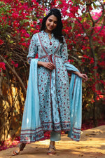 Juniper Blue Cambric Printed A-line Kurta Pant Dupatta Set with Mask