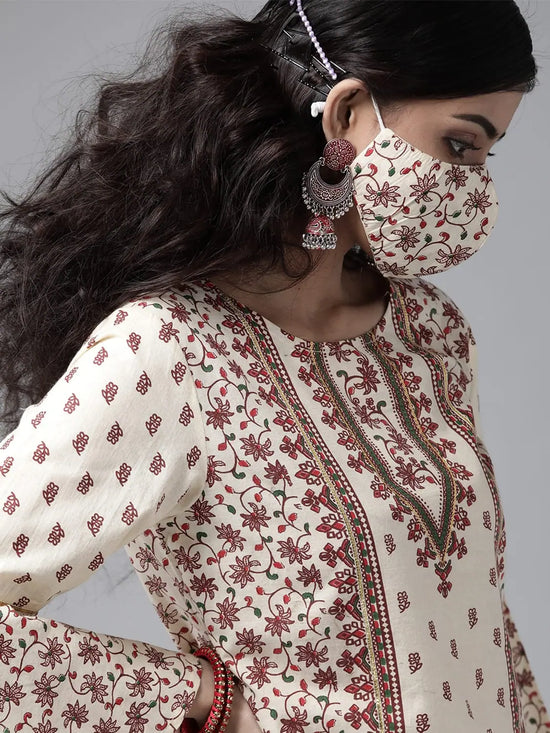 Juniper Cream Cambric Floral Print High-Low Kurta Palazzo Set With Mask