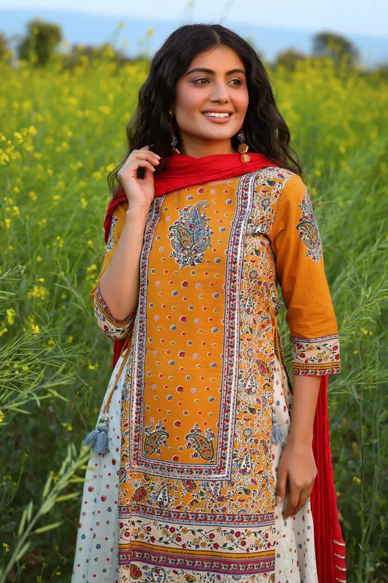 Juniper Mustard Cambric Printed Straight Kurta Palazzo Dupatta Set