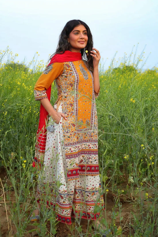 Juniper Mustard Cambric Printed Straight Kurta Palazzo Dupatta Set