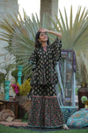 Juniper Black Cambric Floral Print Tunic Sharara Set With Mask