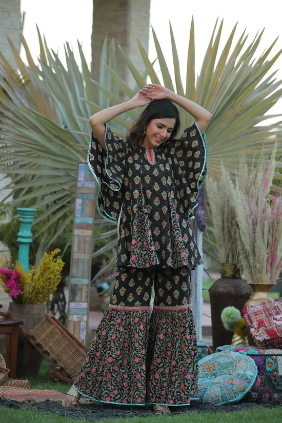 Juniper Black Cambric Floral Print Tunic Sharara Set With Mask