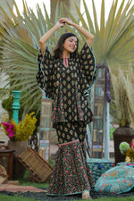 Juniper Black Cambric Floral Print Tunic Sharara Set With Mask