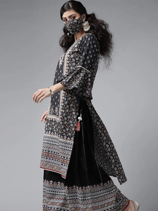 Juniper Black Cambric Floral Print High-Low Kurta Palazzo Set With Mask