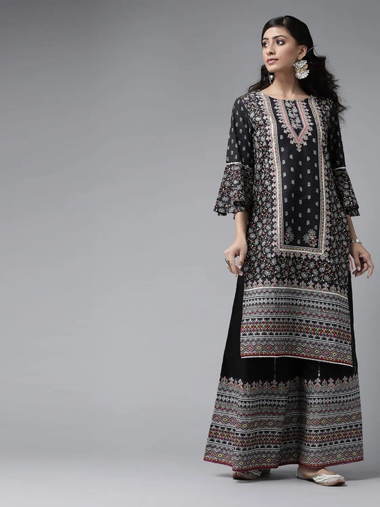 Juniper Black Cambric Floral Print High-Low Kurta Palazzo Set With Mask