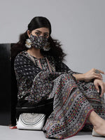 Juniper Black Cambric Floral Print High-Low Kurta Palazzo Set With Mask