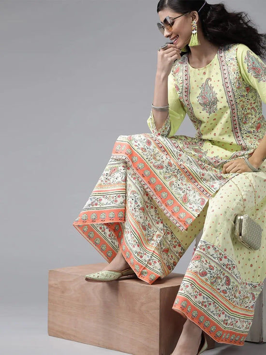 Juniper Limegreen Cambric Floral Print Straight Kurta Palazzo Set