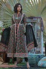 Juniper Black Cambric Printed A-line Kurta Pant Dupatta Set with Mask