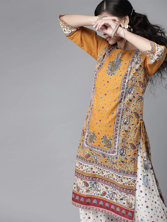 Juniper Mustard Cambric Floral Print Straight Kurta Palazzo Set