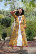 Juniper Mustard Cambric & Rayon Printed Jacket Style Kurta Pant Set