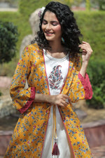 Juniper Mustard Cambric & Rayon Printed Jacket Style Kurta Pant Set