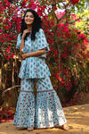 Juniper Blue Cambric Floral Print Tunic Sharara Set With Mask