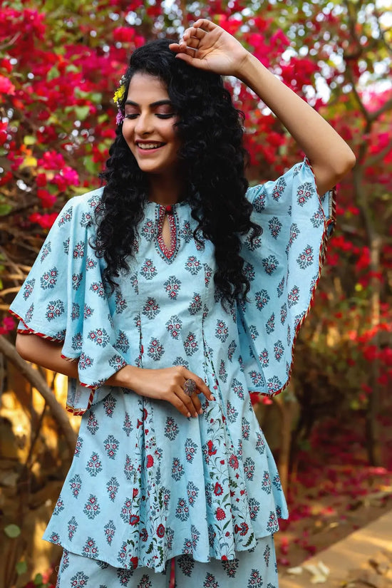 Juniper Blue Cambric Floral Print Tunic Sharara Set With Mask