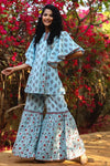 Juniper Blue Cambric Floral Print Tunic Sharara Set With Mask