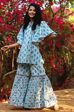 Juniper Blue Cambric Floral Print Tunic Sharara Set With Mask